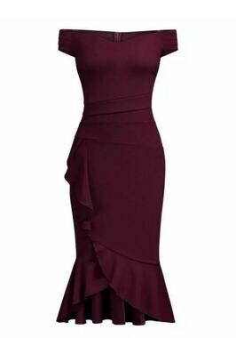 Knitee Off Shoulder V-Neck Ruffle Pleat Waist Bodycon Evening Cocktail Dress S